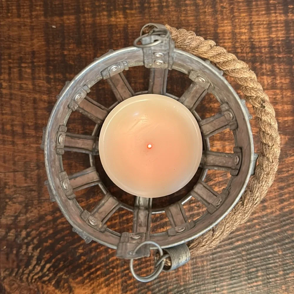 Rustic Farmhouse Galvanized Metal Crown Candle Holder Lantern with Rope Handle